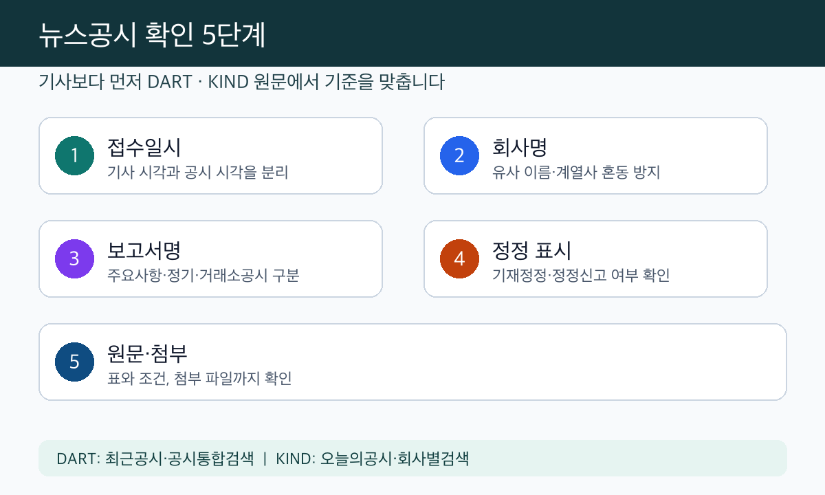 뉴스공시를 볼 때 접수일시, 회사명, 보고서명, 정정 표시, 원문과 첨부를 확인하는 DART KIND 체크리스트