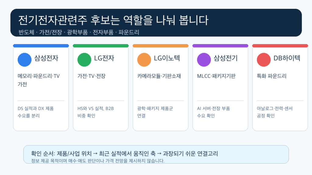 전기전자관련주 5곳을 반도체 가전 전장 광학부품 전자부품 파운드리 축으로 나눈 인포그래픽