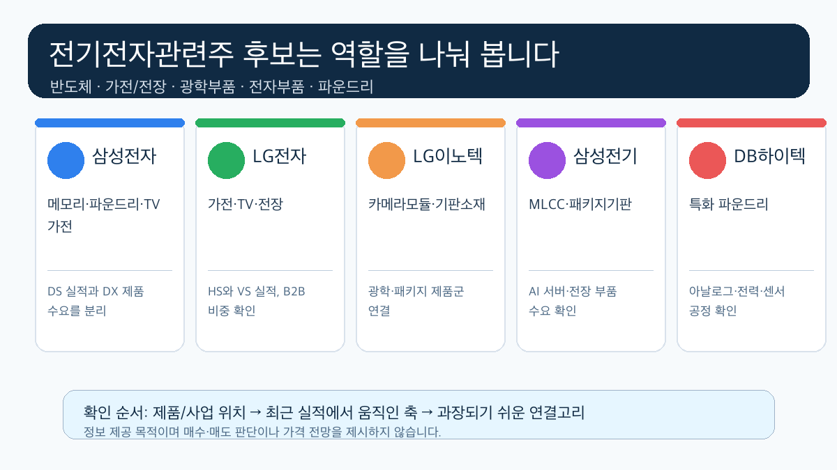 전기전자관련주 5곳을 반도체 가전 전장 광학부품 전자부품 파운드리 축으로 나눈 인포그래픽