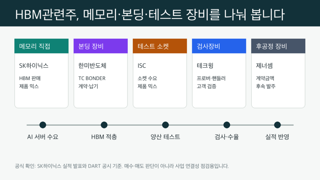 HBM관련주 후보를 메모리 본딩 테스트 장비 축으로 나눈 인포그래픽