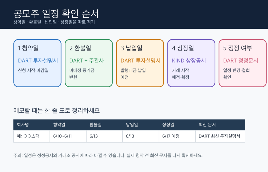 공모주 청약일 환불일 상장일을 DART와 KIND에서 나눠 확인하는 순서표