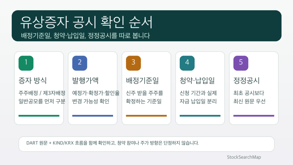 유상증자 공시 확인 순서를 방식 발행가액 배정기준일 청약 납입일 정정공시로 나눈 인포그래픽