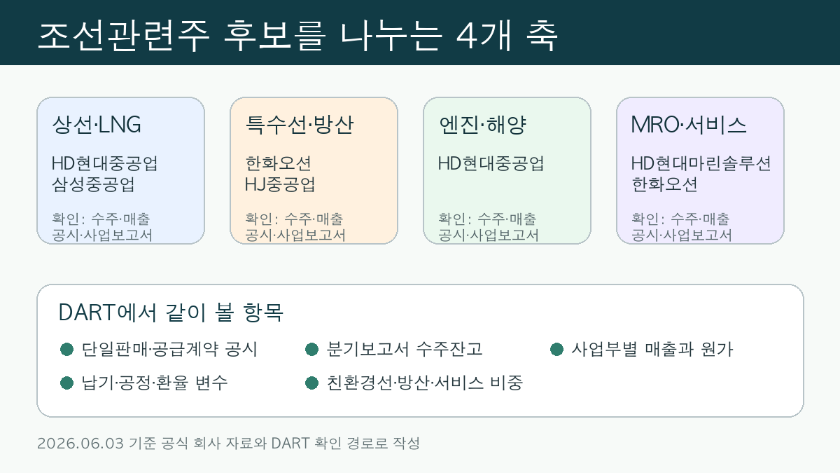 조선관련주 후보를 상선 특수선 엔진 MRO 축으로 나누는 인포그래픽