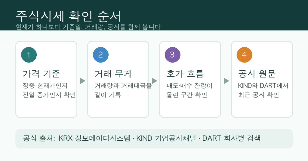 주식시세 확인 순서를 현재가 거래량 공시 기준일로 나눠 보는 인포그래픽